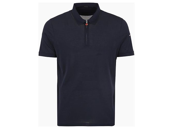 Kiton T-shirt a maniche corte blu navy con polo a collo con zip e logo ricamato - vista 2