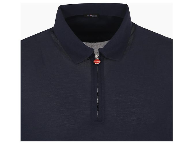 Kiton T-shirt a maniche corte blu navy con polo a collo con zip e logo ricamato - vista 4
