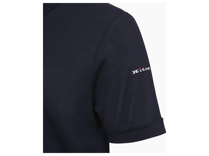 Kiton T-shirt a maniche corte blu navy con polo a collo con zip e logo ricamato - vista 5