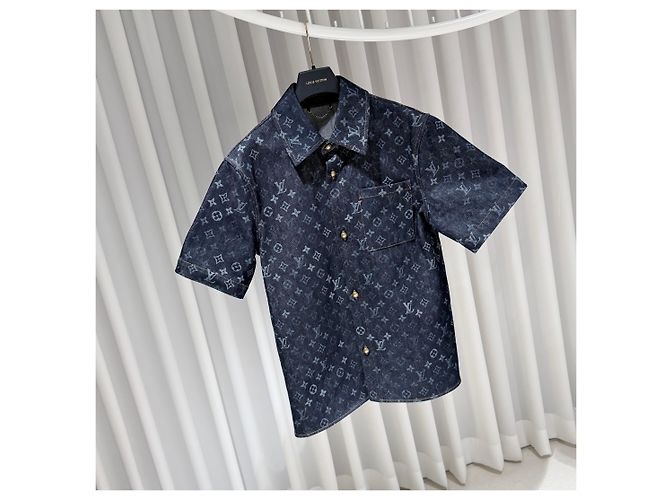 Louis Vuitton Chaqueta-camisa de manga corta en denim con monograma Azul - vista 3