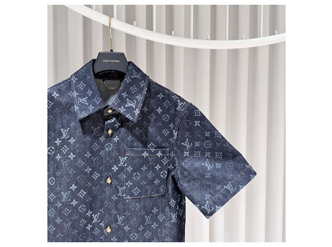 Louis Vuitton Chaqueta-camisa de manga corta en denim con monograma Azul - vista 4