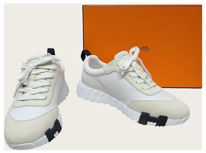 Hermès Sneakers Bouncing in pelle bianca e nera con logo Bianco - vista 8