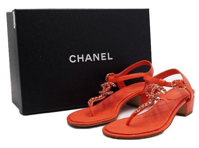 Chanel Sandali da donna in pelle di capra Classic Goatskin CC Chain Logo Arancione - vista 7