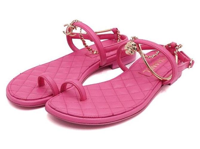 Chanel Sandali piatti trapuntati Hot Pink Gold CC da donna Rosa - vista 3