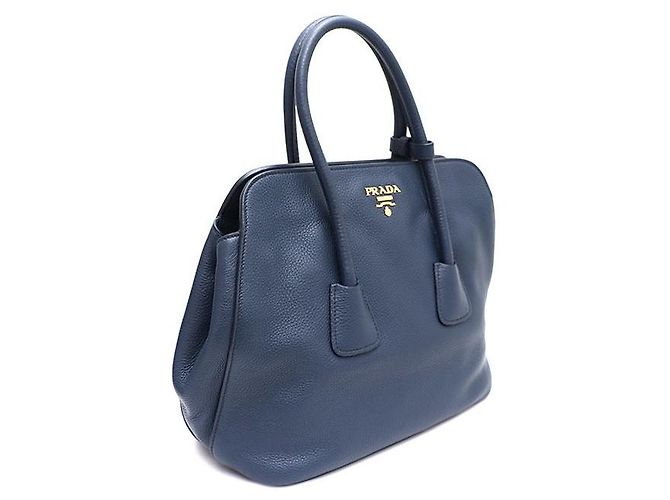 Prada Borsa Tote Viteo Daino con logo dorato Blu - vista 2