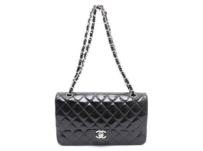Chanel Borsa a tracolla Classic Medium in vernice con catena argentata Nero - vista 13