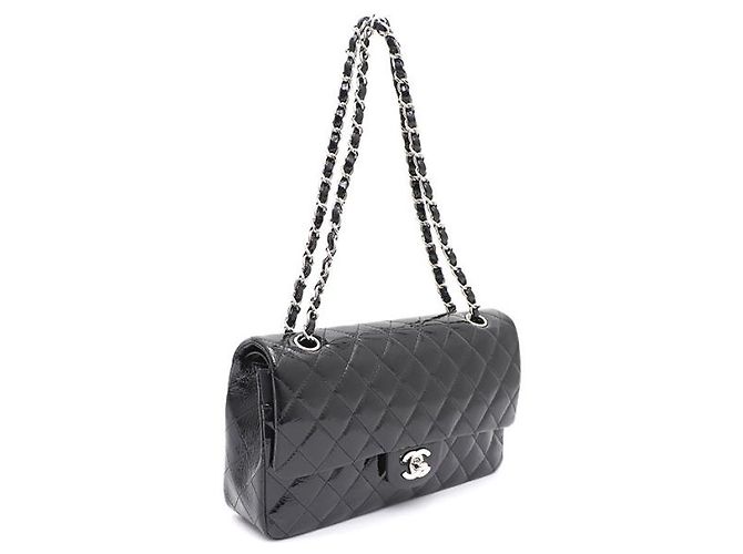 Chanel Borsa a tracolla Classic Medium in vernice con catena argentata Nero - vista 14