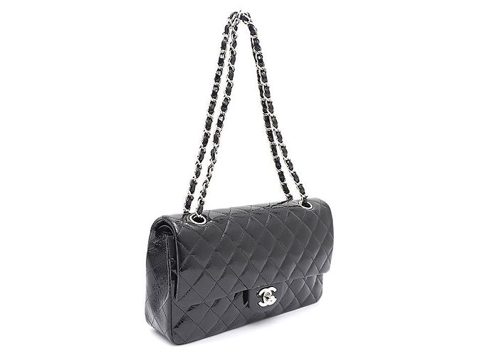 Chanel Borsa a tracolla Classic Medium in vernice con catena argentata Nero - vista 2