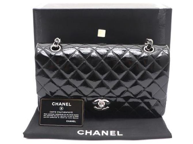Chanel Borsa a tracolla Classic Medium in vernice con catena argentata Nero - vista 24
