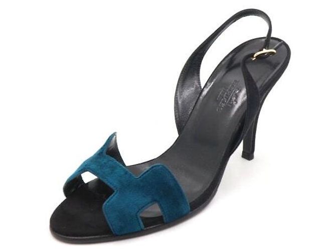 Hermès Sandali open-toe con slingback da donna in pelle scamosciata con logo blu - vista 2