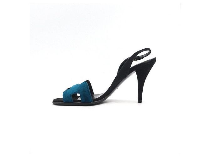 Hermès Sandali open-toe con slingback da donna in pelle scamosciata con logo blu - vista 4