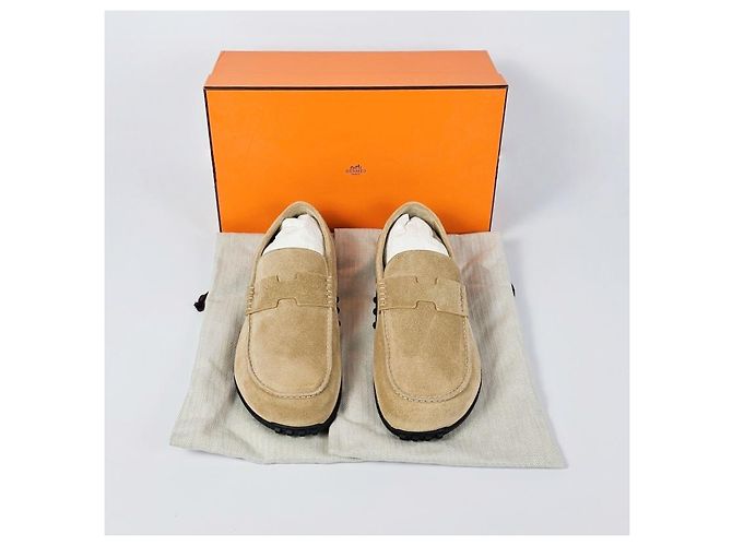 Hermès Mocassino Lazy in pelle di vitello scamosciata Beige Sabbia Marrone - vista 15