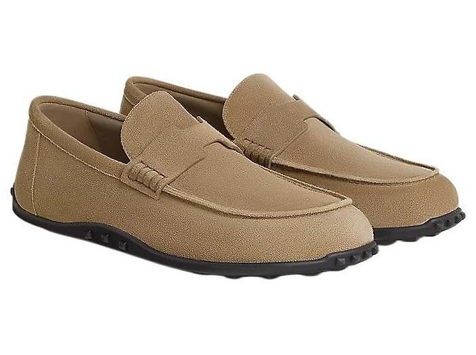 Hermès Mocassino Lazy in pelle di vitello scamosciata Beige Sabbia Marrone - vista 2