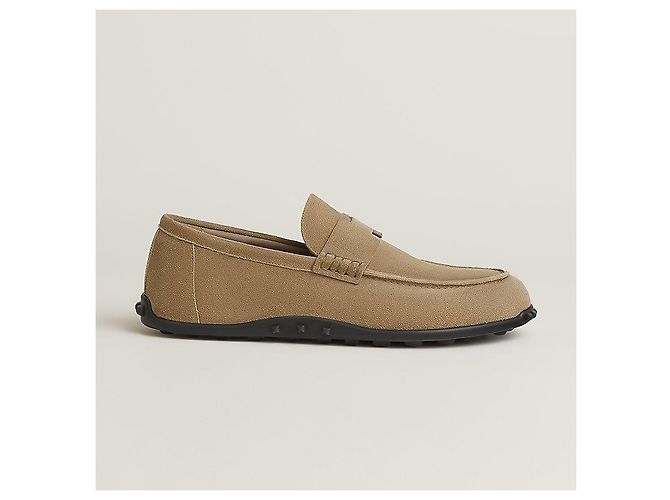 Hermès Mocassino Lazy in pelle di vitello scamosciata Beige Sabbia Marrone - vista 4