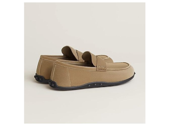 Hermès Mocassino Lazy in pelle di vitello scamosciata Beige Sabbia Marrone - vista 5