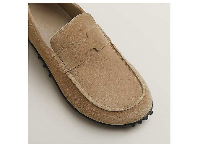 Hermès Mocassino Lazy in pelle di vitello scamosciata Beige Sabbia Marrone - vista 6