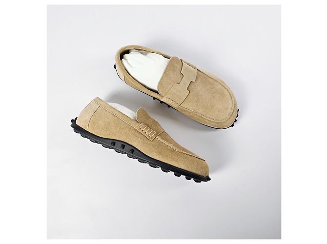 Hermès Mocassino Lazy in pelle di vitello scamosciata Beige Sabbia Marrone - vista 9
