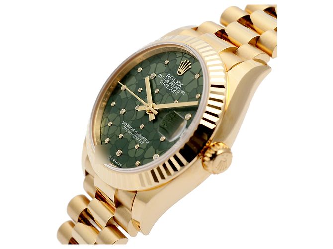 Rolex Datejust Original Diamond Medium Damenuhr aus Gold mit olivgrünem Blumenmotiv - Ansicht 11