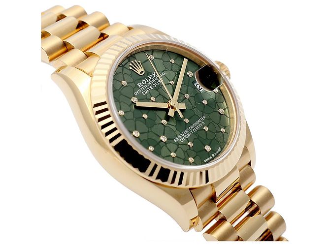 Rolex Datejust Original Diamond Medium Damenuhr aus Gold mit olivgrünem Blumenmotiv - Ansicht 12