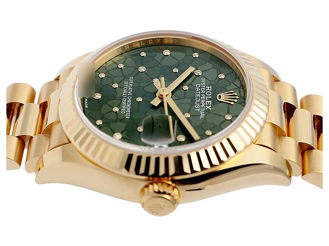 Rolex Datejust Original Diamond Medium Damenuhr aus Gold mit olivgrünem Blumenmotiv - Ansicht 13
