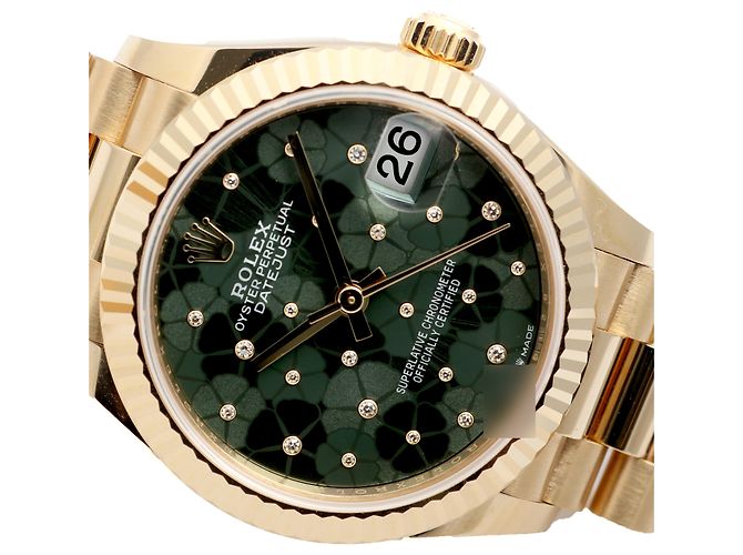 Rolex Datejust Original Diamond Medium Damenuhr aus Gold mit olivgrünem Blumenmotiv - Ansicht 15