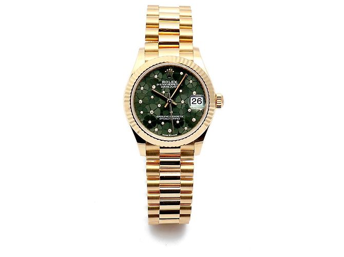 Rolex Datejust Original Diamond Medium Damenuhr aus Gold mit olivgrünem Blumenmotiv - Ansicht 16