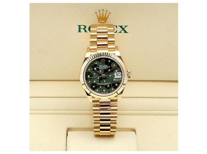 Rolex Datejust Original Diamond Medium Damenuhr aus Gold mit olivgrünem Blumenmotiv - Ansicht 2