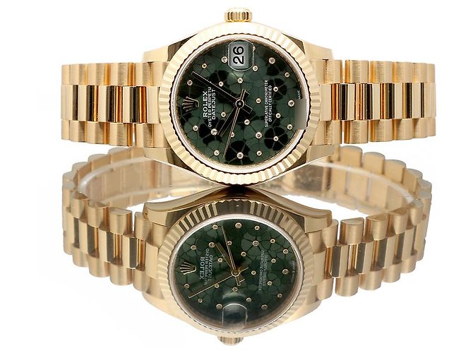 Rolex Datejust Original Diamond Medium Damenuhr aus Gold mit olivgrünem Blumenmotiv - Ansicht 20
