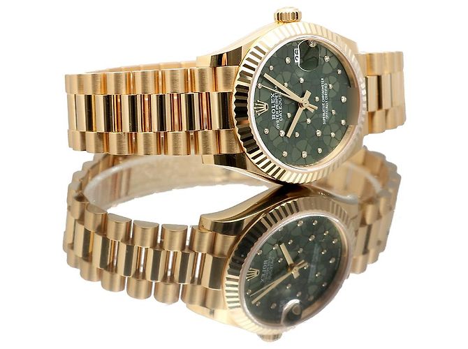 Rolex Datejust Original Diamond Medium Damenuhr aus Gold mit olivgrünem Blumenmotiv - Ansicht 21