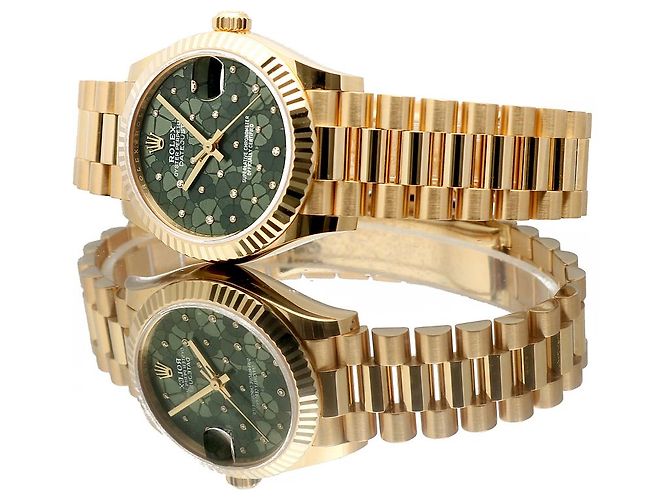 Rolex Datejust Original Diamond Medium Damenuhr aus Gold mit olivgrünem Blumenmotiv - Ansicht 22