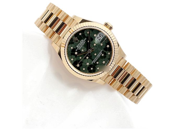 Rolex Datejust Original Diamond Medium Damenuhr aus Gold mit olivgrünem Blumenmotiv - Ansicht 24