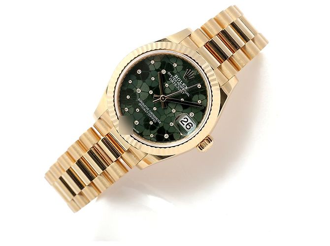 Rolex Datejust Original Diamond Medium Damenuhr aus Gold mit olivgrünem Blumenmotiv - Ansicht 25