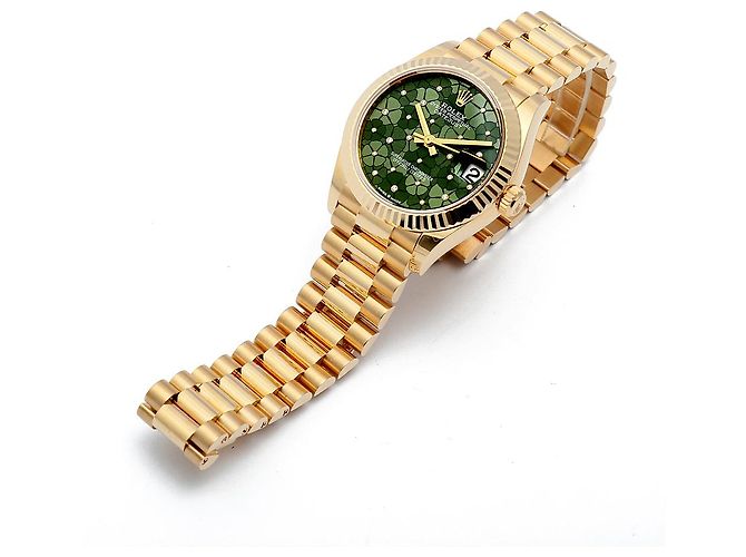 Rolex Datejust Original Diamond Medium Damenuhr aus Gold mit olivgrünem Blumenmotiv - Ansicht 26