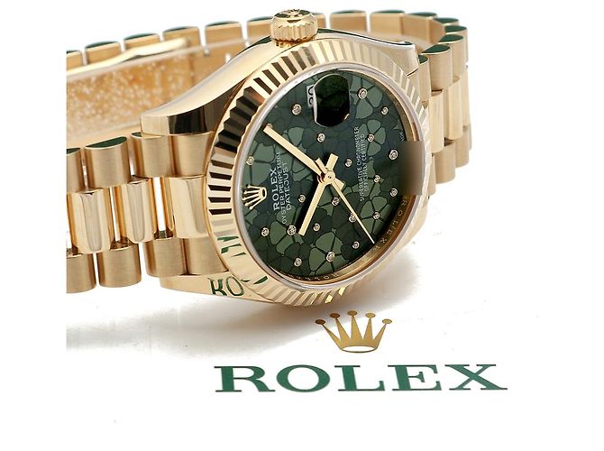 Rolex Datejust Original Diamond Medium Damenuhr aus Gold mit olivgrünem Blumenmotiv - Ansicht 27
