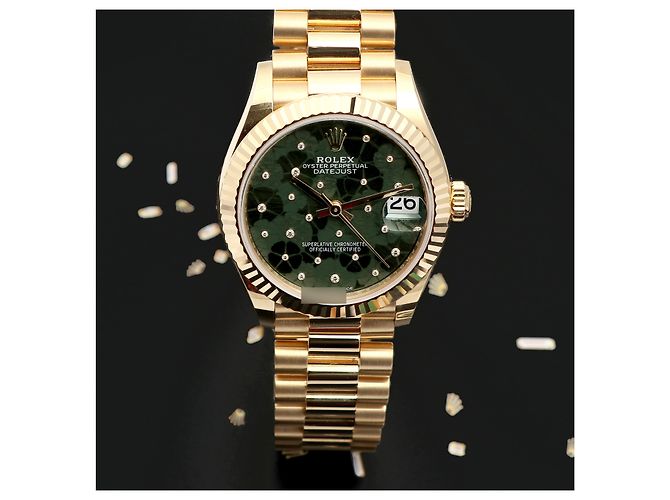 Rolex Datejust Original Diamond Medium Damenuhr aus Gold mit olivgrünem Blumenmotiv - Ansicht 28
