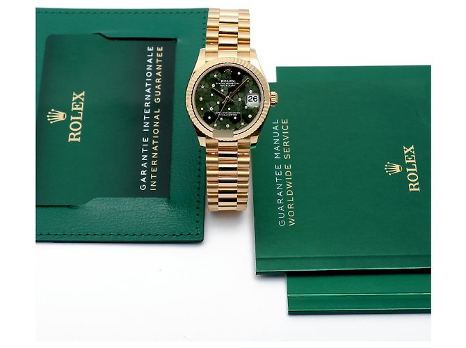 Rolex Datejust Original Diamond Medium Damenuhr aus Gold mit olivgrünem Blumenmotiv - Ansicht 3