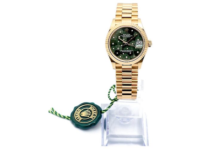 Rolex Datejust Original Diamond Medium Damenuhr aus Gold mit olivgrünem Blumenmotiv - Ansicht 4
