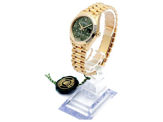 Rolex Datejust Original Diamond Medium Damenuhr aus Gold mit olivgrünem Blumenmotiv - Ansicht 5