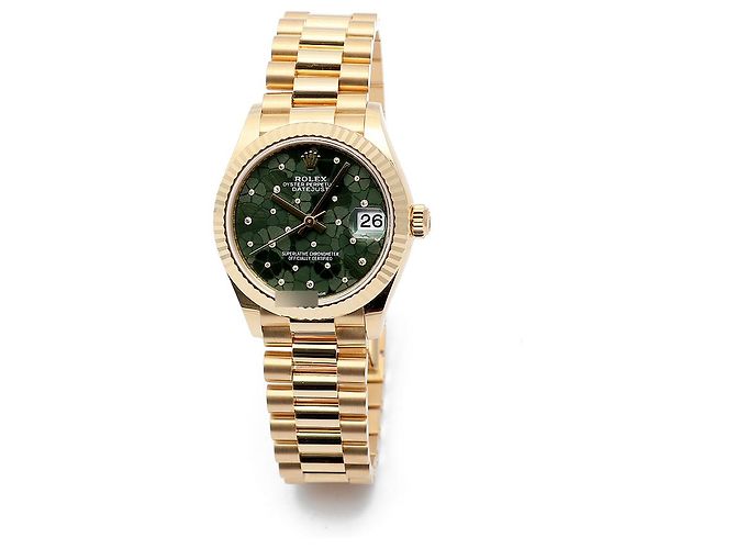 Rolex Datejust Original Diamond Medium Damenuhr aus Gold mit olivgrünem Blumenmotiv - Ansicht 9