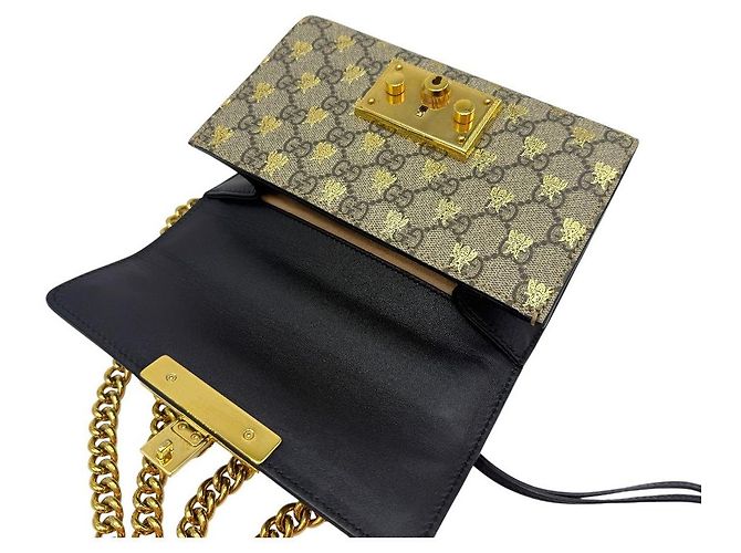 Gucci Borsa a Spalla Supreme Padlock Small Chain Marrone - vista 7