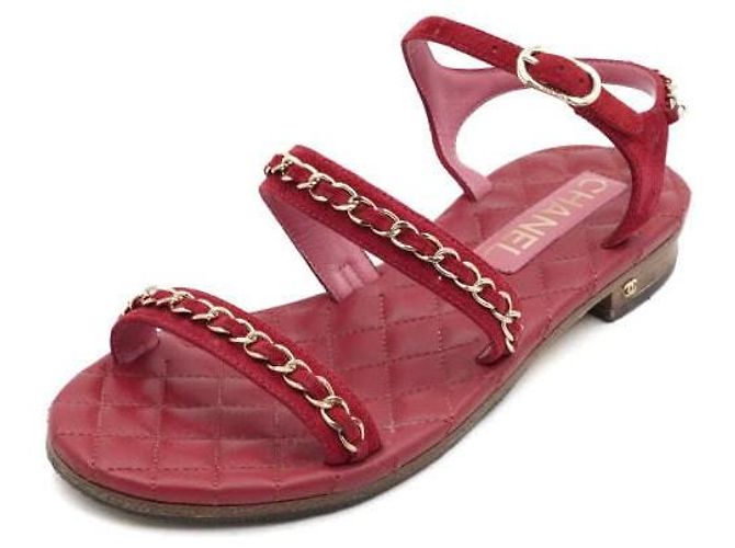 Chanel Sandali da donna in camoscio rosso con tracolla a catena dorata - vista 2