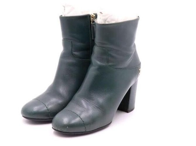 Chanel Botines con cremallera de cuero verde oscuro CC para mujer - vista 3