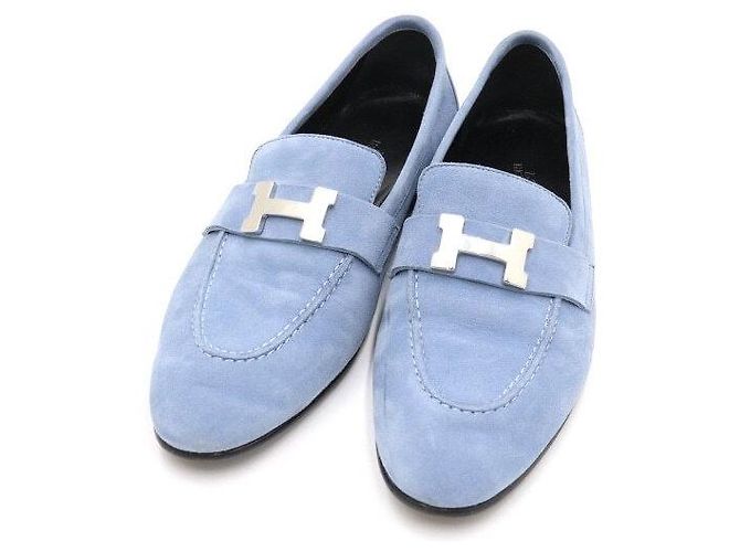 Hermès Mocassini da donna in scamosciato di pelle di capra con logo argento Blu - vista 3
