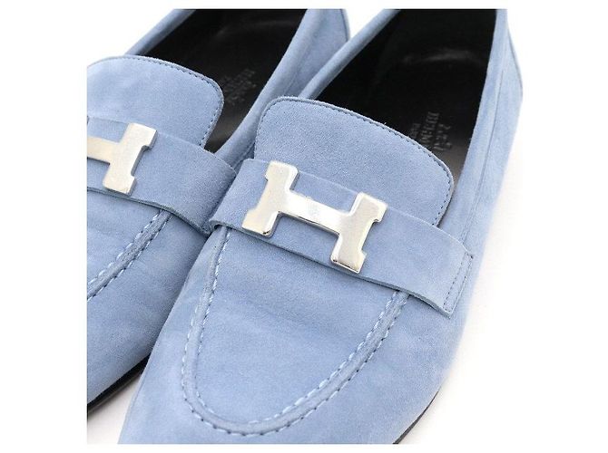 Hermès Mocassini da donna in scamosciato di pelle di capra con logo argento Blu - vista 5