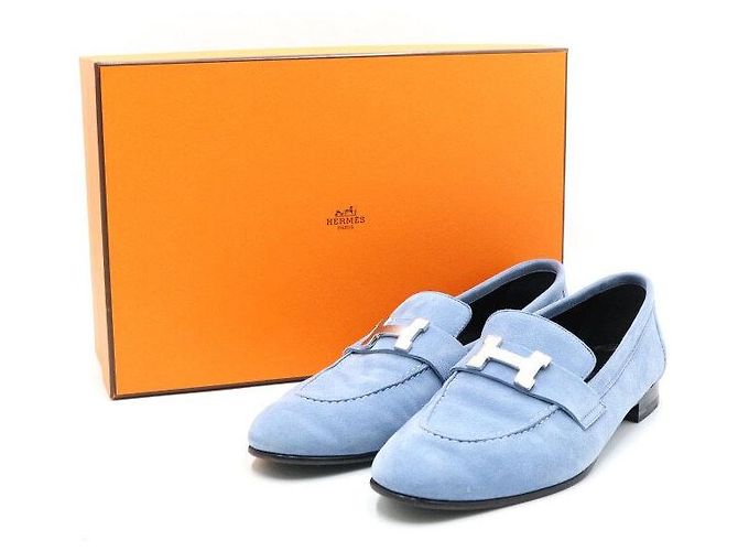 Hermès Mocassini da donna in scamosciato di pelle di capra con logo argento Blu - vista 8