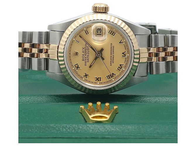 Rolex Goldene Datejust Vintage-Damenuhr mit römischen Indizes - Ansicht 25