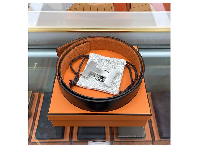 Hermès Reversible Belt Black/Orange Silver Matte - view 2
