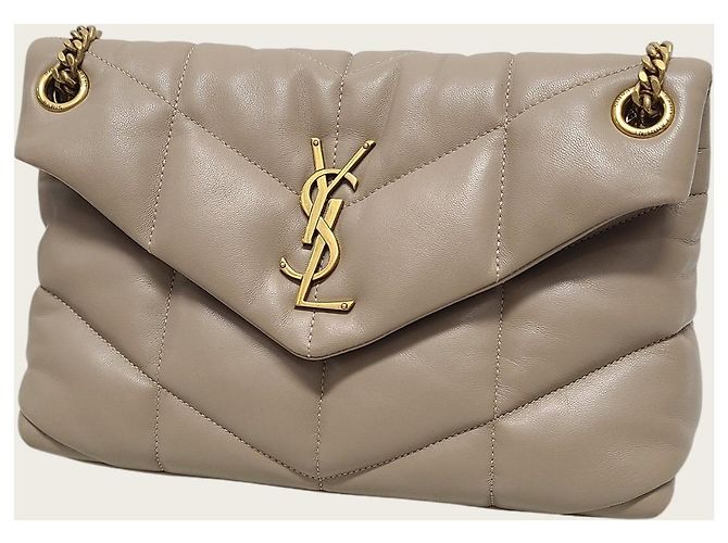 Saint Laurent Kleine Lulu Puffer Schultertasche aus Lammleder in Dunkelbeige mit Kette Braun - Ansicht 2