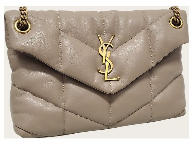 Saint Laurent Kleine Lulu Puffer Schultertasche aus Lammleder in Dunkelbeige mit Kette Braun - Ansicht 3