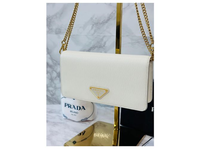 Prada Borsa a tracolla con catena in Vitello Saffiano Bianco - vista 2